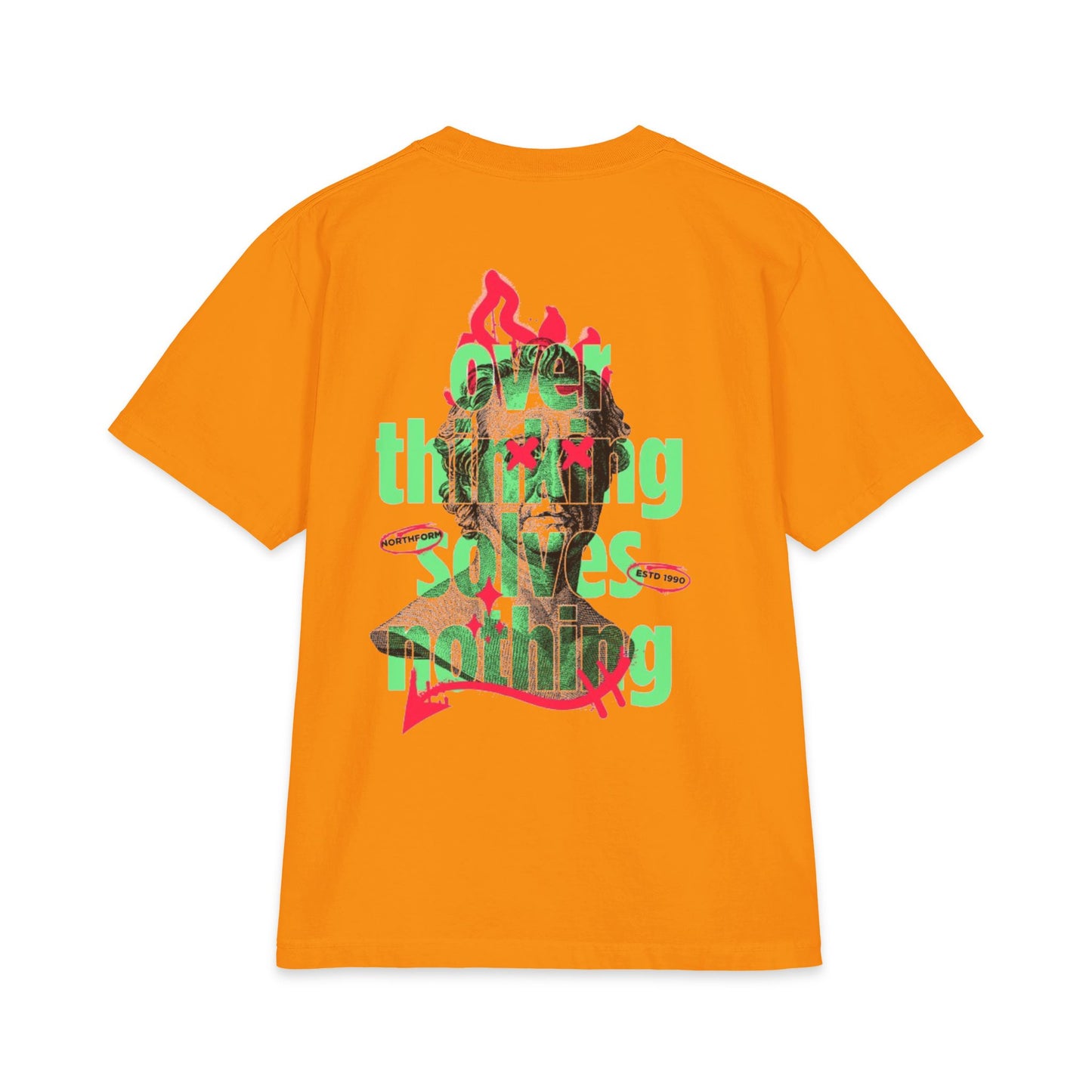 Graphic Tee — 'Overthinking Solves Nothing' Retro Statue Backprint