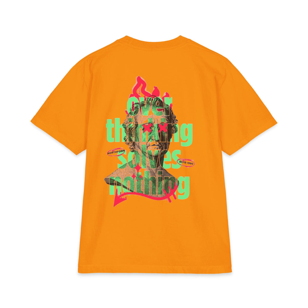 Graphic Tee — 'Overthinking Solves Nothing' Retro Statue Backprint