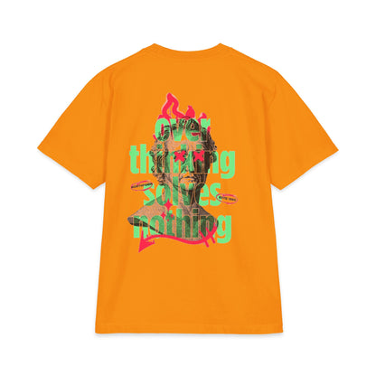 Graphic Tee — 'Overthinking Solves Nothing' Retro Statue Backprint