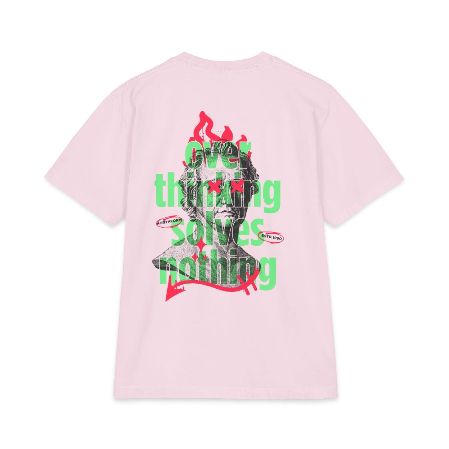 Graphic Tee — 'Overthinking Solves Nothing' Retro Statue Backprint