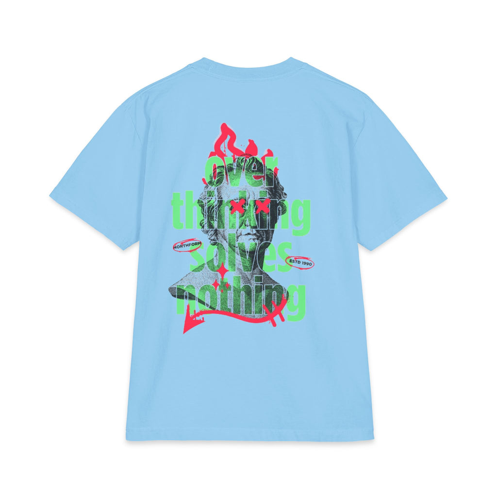 Graphic Tee — 'Overthinking Solves Nothing' Retro Statue Backprint