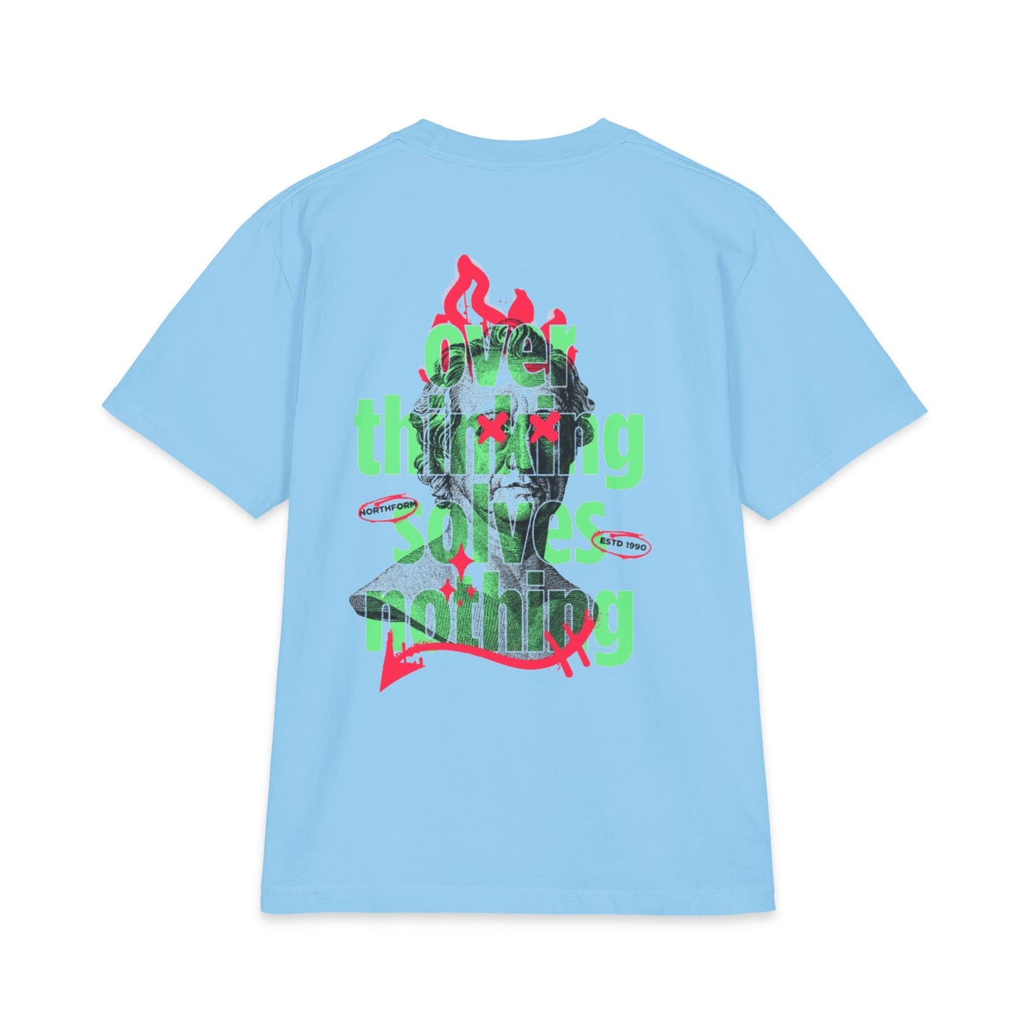 Graphic Tee — 'Overthinking Solves Nothing' Retro Statue Backprint