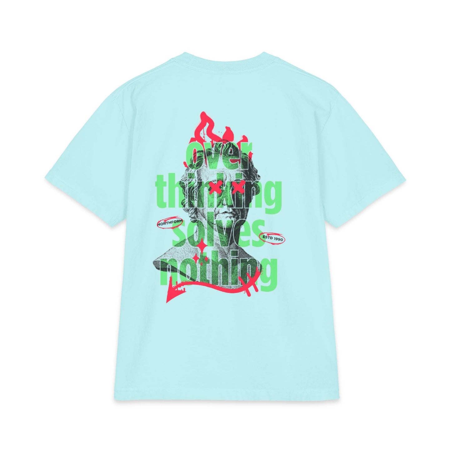Graphic Tee — 'Overthinking Solves Nothing' Retro Statue Backprint
