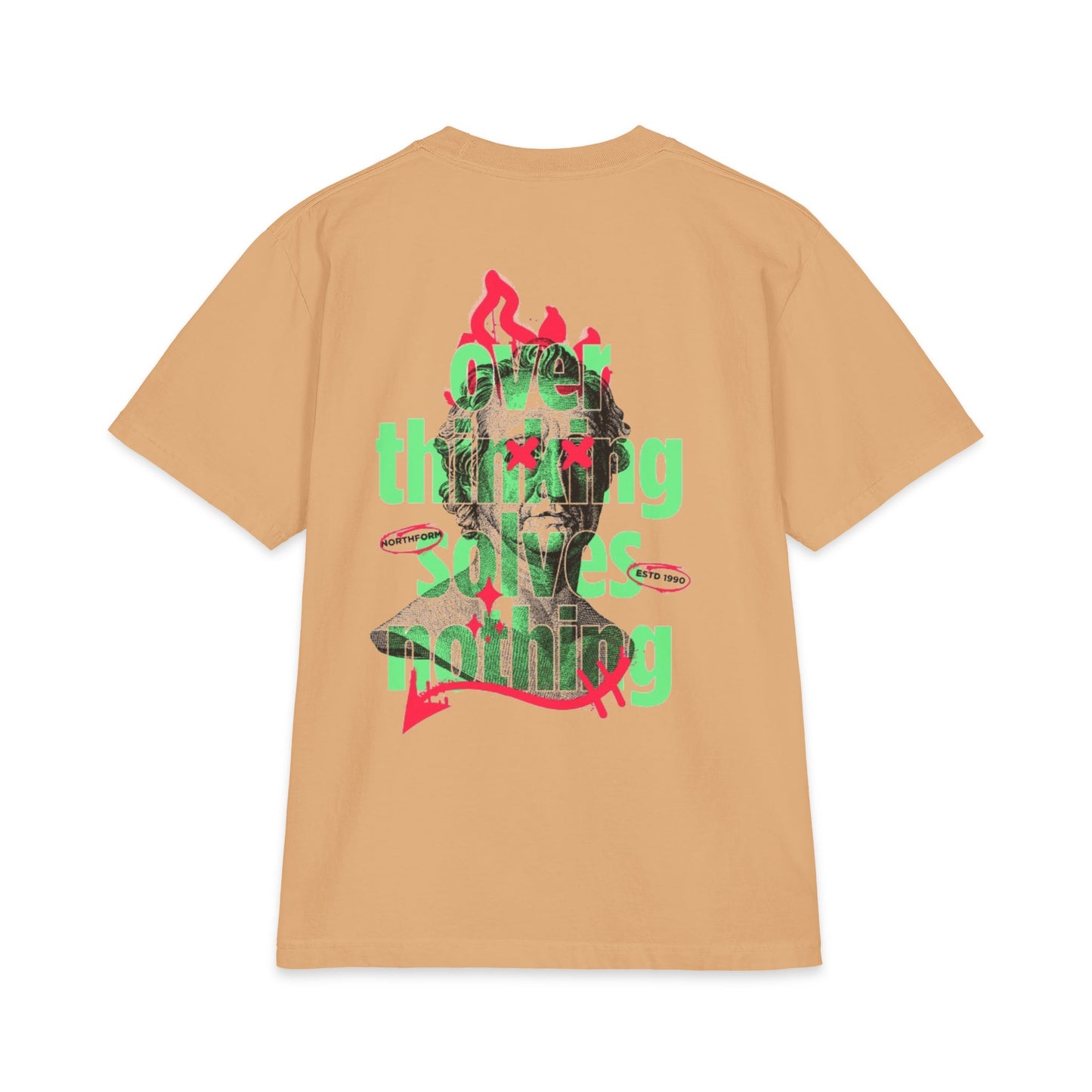 Graphic Tee — 'Overthinking Solves Nothing' Retro Statue Backprint