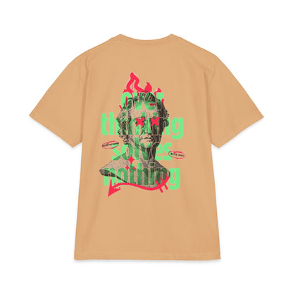 Graphic Tee — 'Overthinking Solves Nothing' Retro Statue Backprint