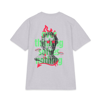 Graphic Tee — 'Overthinking Solves Nothing' Retro Statue Backprint