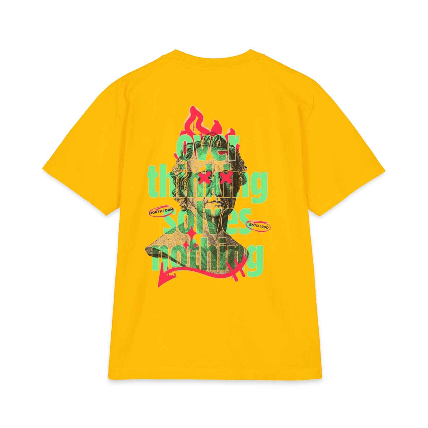 Graphic Tee — 'Overthinking Solves Nothing' Retro Statue Backprint