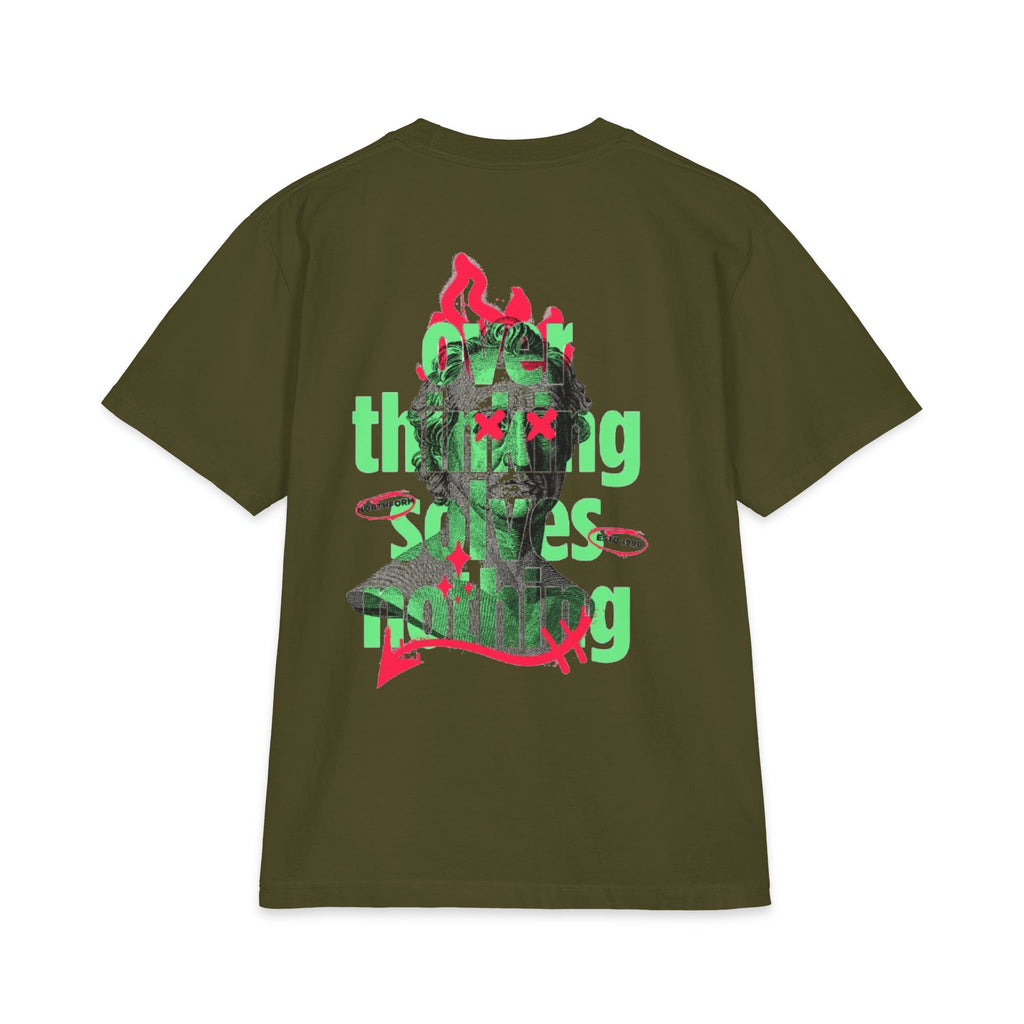 Graphic Tee — 'Overthinking Solves Nothing' Retro Statue Backprint