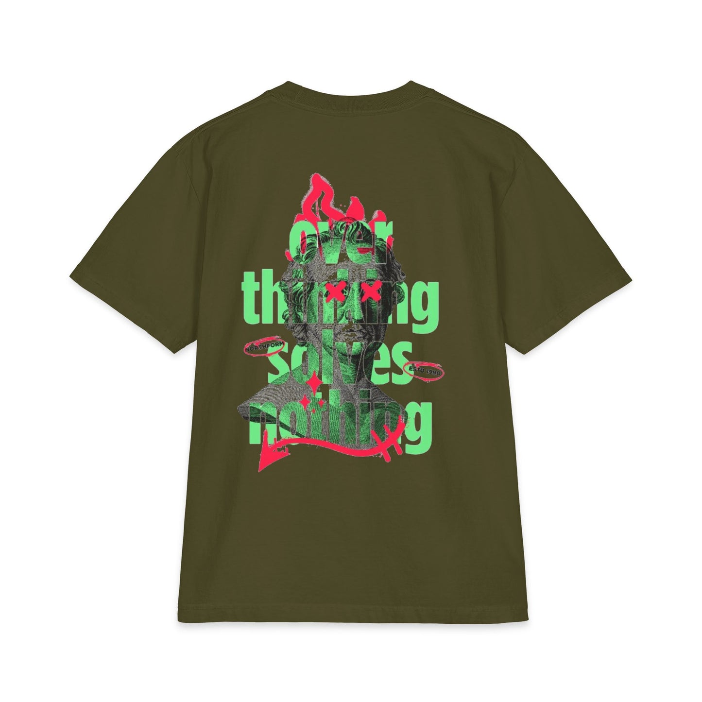Graphic Tee — 'Overthinking Solves Nothing' Retro Statue Backprint