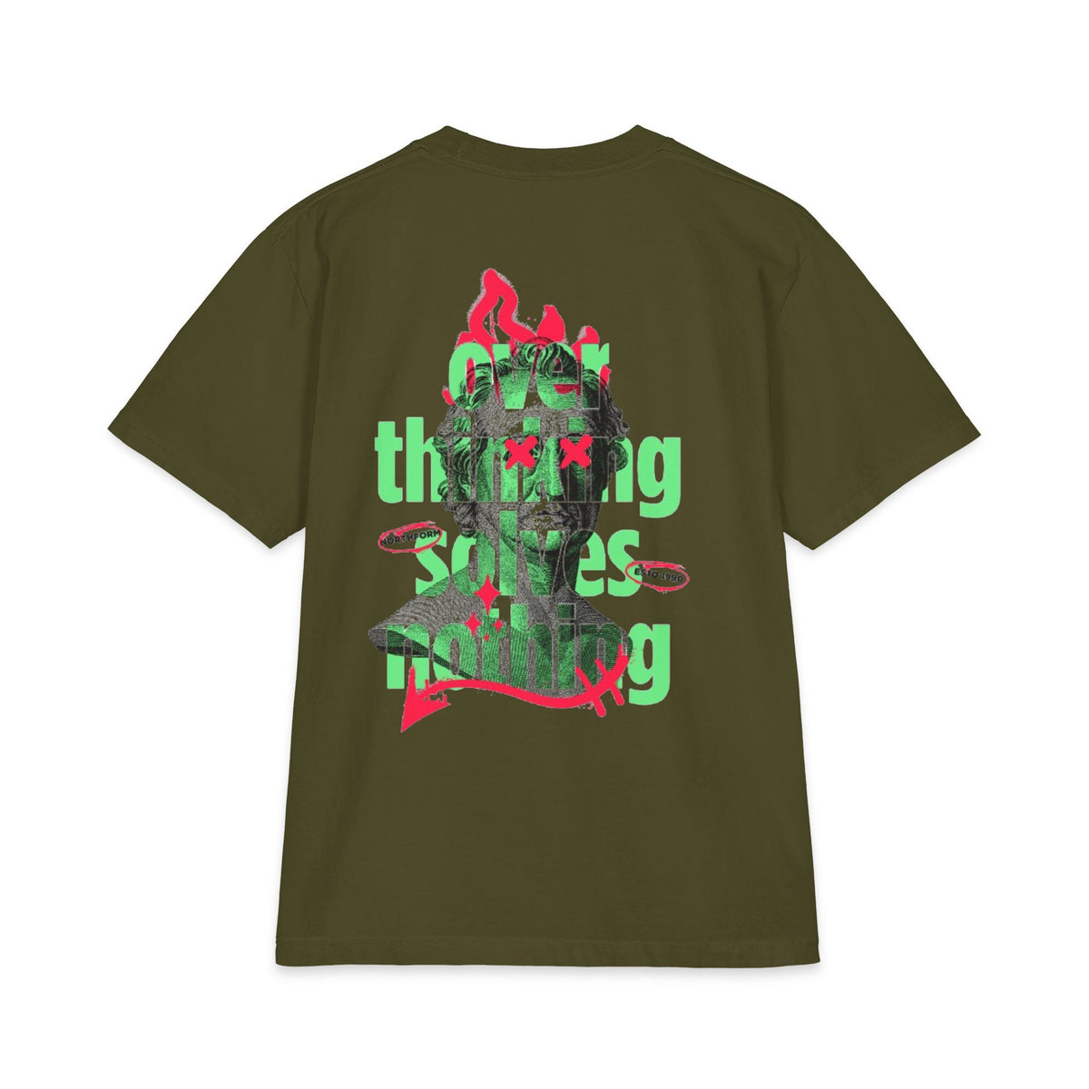Graphic Tee — 'Overthinking Solves Nothing' Retro Statue Backprint