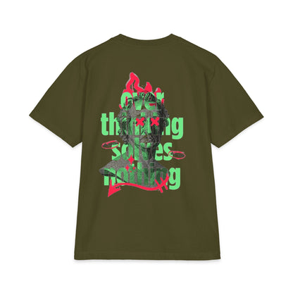 Graphic Tee — 'Overthinking Solves Nothing' Retro Statue Backprint