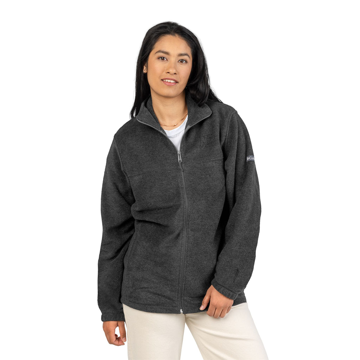 Embroidered Columbia Fleece Jacket - Charcoal Zip-Up, Cozy Outdoor Layer