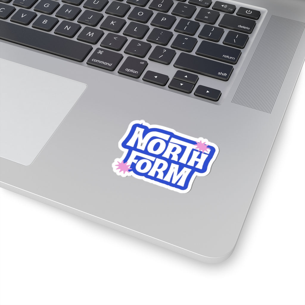 North Form Kiss-Cut Sticker — Retro Blue Logo Sticker with Pink Starbursts