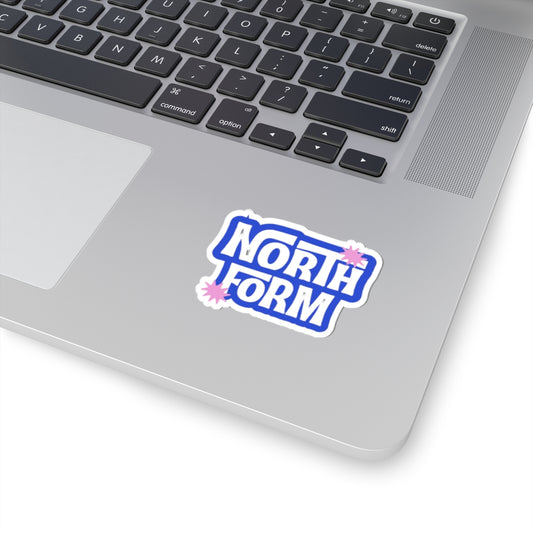 North Form Kiss-Cut Sticker — Retro Blue Logo Sticker with Pink Starbursts