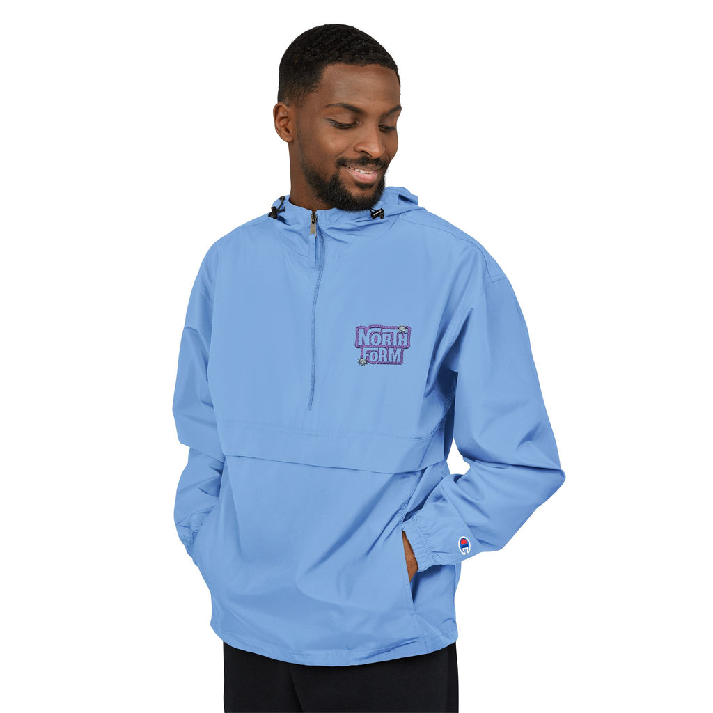 Light Blue Packable Anorak Jacket — ‘North Form’ Chest Graphic, Windbreaker Hoodie