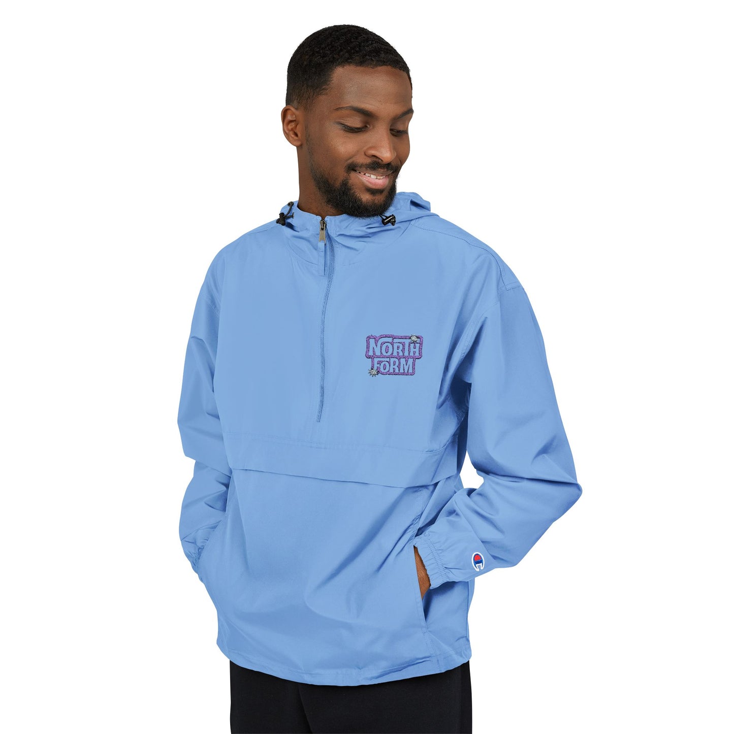 Light Blue Packable Anorak Jacket — ‘North Form’ Chest Graphic, Windbreaker Hoodie