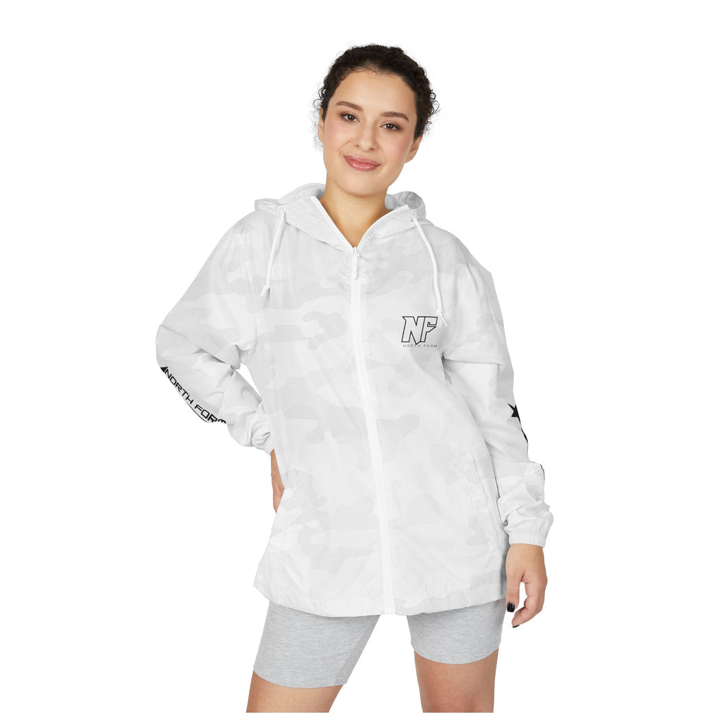 White Camo Windbreaker Jacket — 'W' Logo & Star Sleeve Streetwear