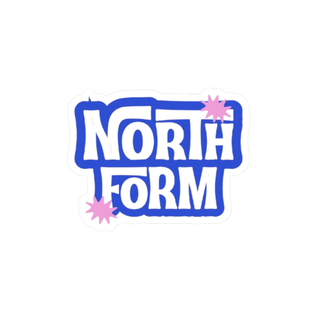 North Form Kiss-Cut Sticker — Retro Blue Logo Sticker with Pink Starbursts
