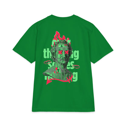 Graphic Tee — 'Overthinking Solves Nothing' Retro Statue Backprint