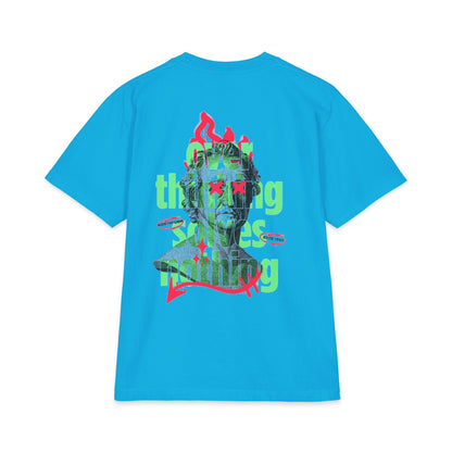 Graphic Tee — 'Overthinking Solves Nothing' Retro Statue Backprint