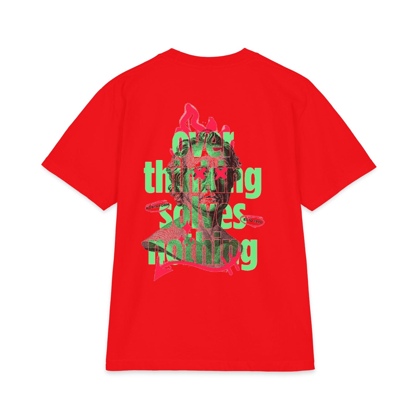 Graphic Tee — 'Overthinking Solves Nothing' Retro Statue Backprint