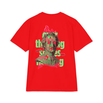 Graphic Tee — 'Overthinking Solves Nothing' Retro Statue Backprint
