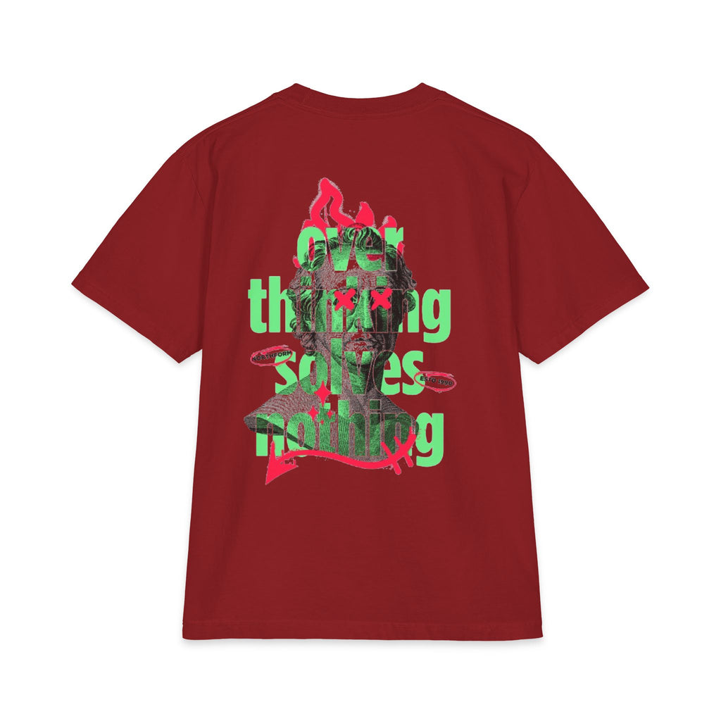 Graphic Tee — 'Overthinking Solves Nothing' Retro Statue Backprint