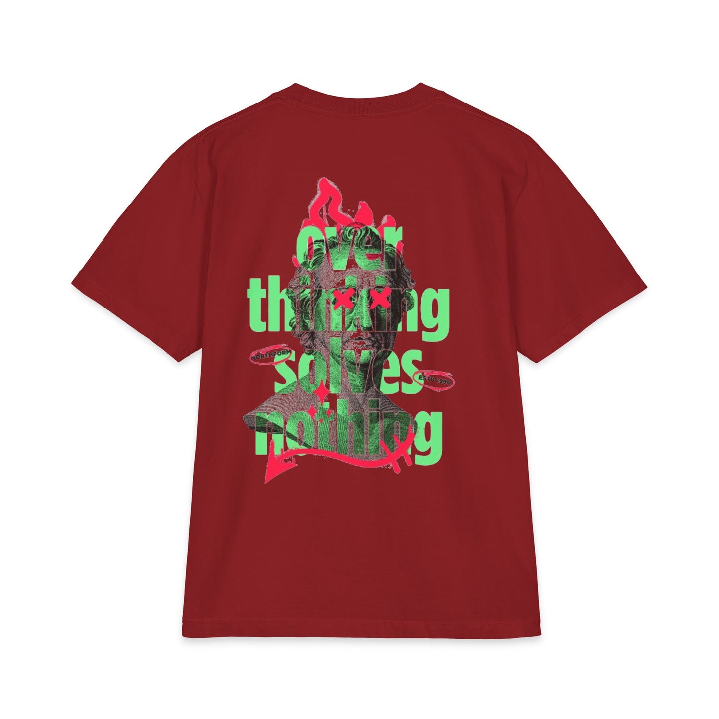 Graphic Tee — 'Overthinking Solves Nothing' Retro Statue Backprint