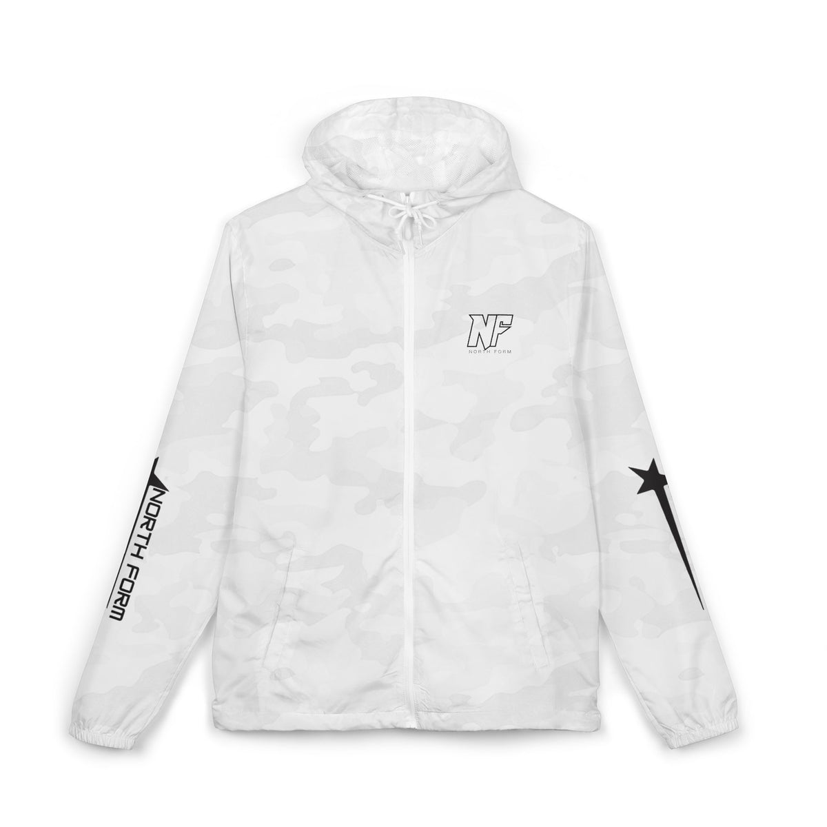 White Camo Windbreaker Jacket — 'W' Logo & Star Sleeve Streetwear